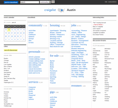 Craigslist Austin homepage redesigned