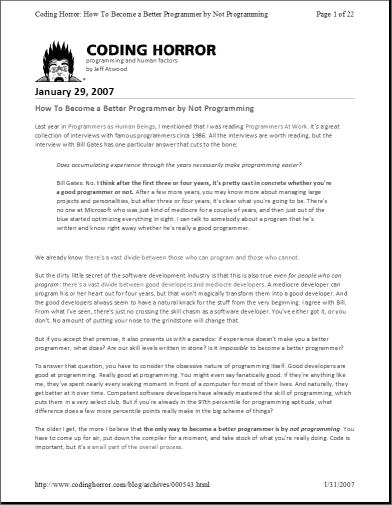 Coding Horror website in print preview of Internet Explorer 7.0