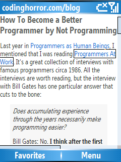 Coding Horror website in Pocket IE on the Microsoft SmartPhone 5.0 OS