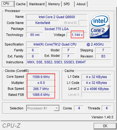 CPU-Z, stock settings, EIST low