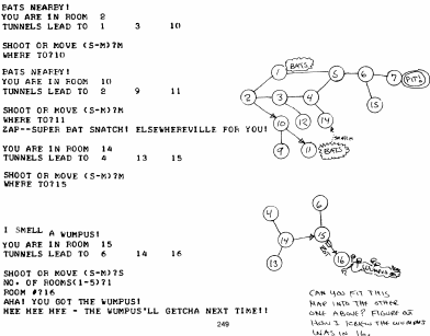 wumpus game printout, with hand-drawn maze