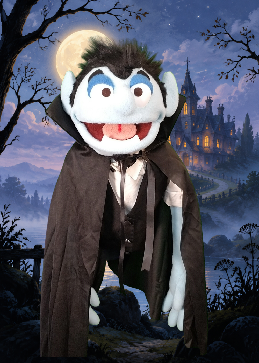 Count Fang with a moonlit mansion in the background