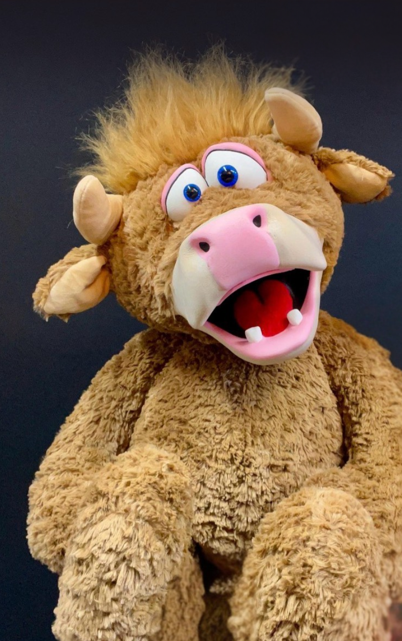 Butterscotch the Cow, a puppet friend from Dairy Dairy Cowtown