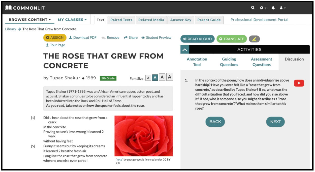 The CommonLit lesson "The Rose That Grew From Concrete."