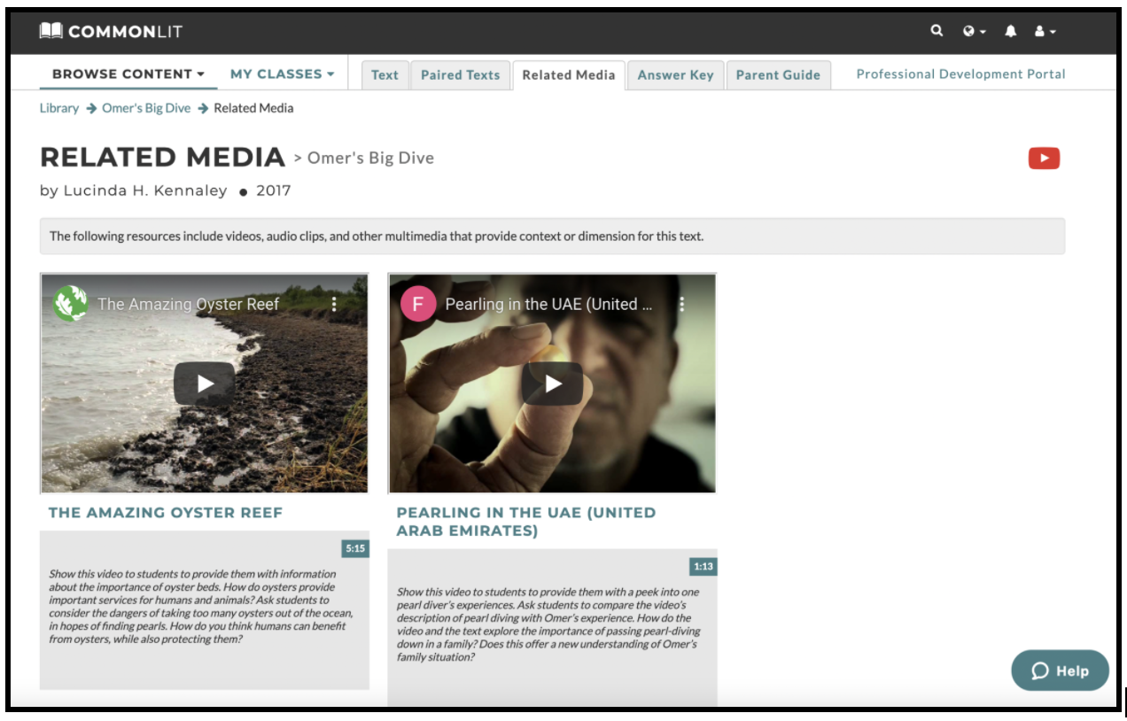 The Related Media tab for the CommonLit lesson "Omer's Big Dive."