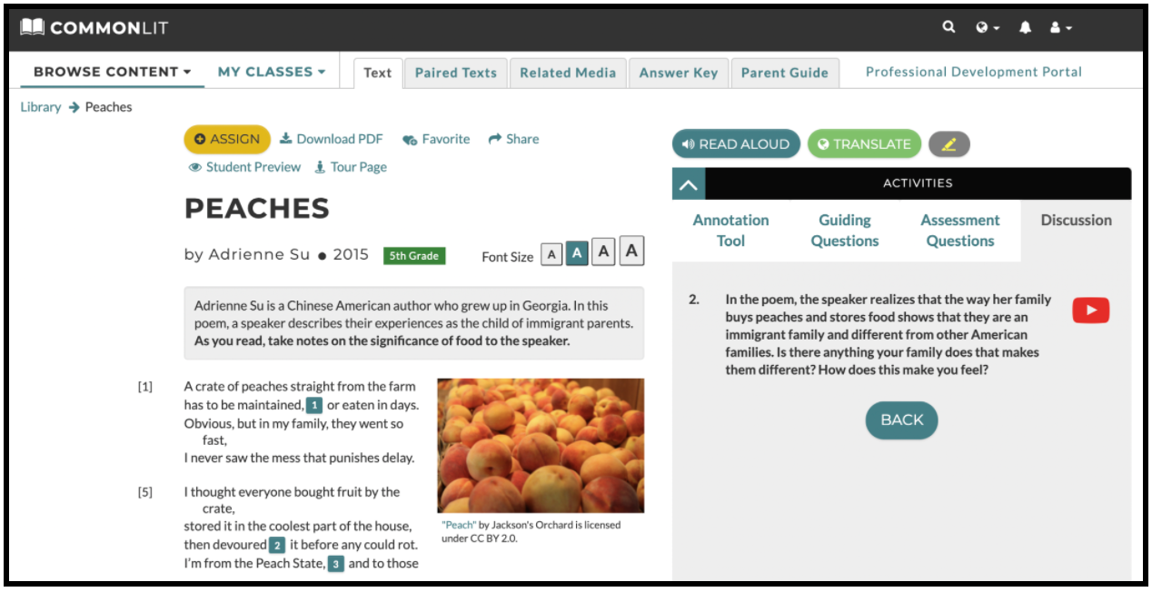 The CommonLit lesson "Peaches."