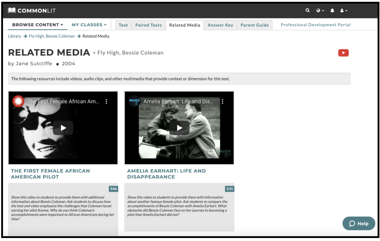 The Related Media tab for the CommonLit lesson "Fly High, Bessie Coleman."