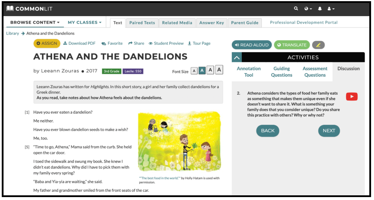 The CommonLit lesson "Athena and the Dandelions."