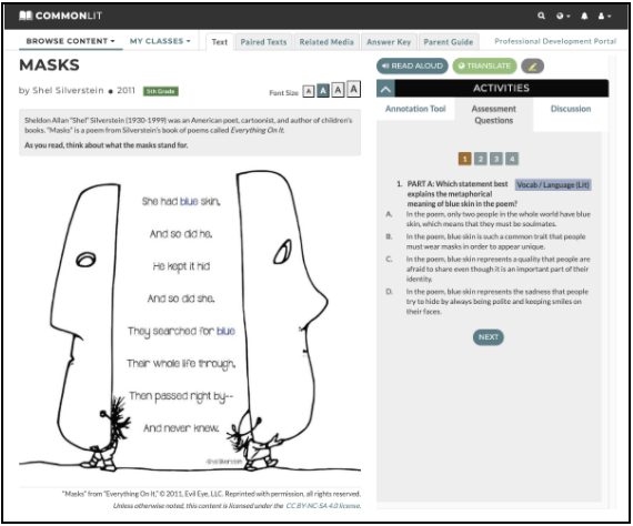 The CommonLit lesson "Masks."