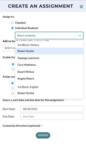 CommonLit's "assign" page.