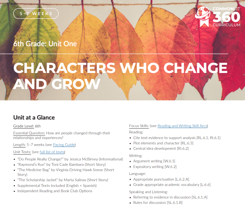 Screenshot of 6th Grade Unit 1 CommonLit 360 overview 
