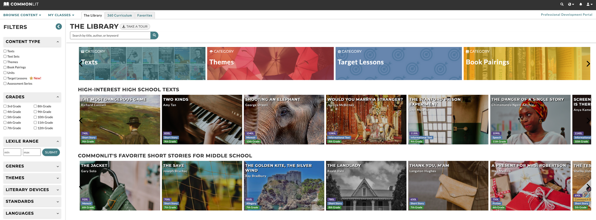 Screenshot of CommonLit library home page 
