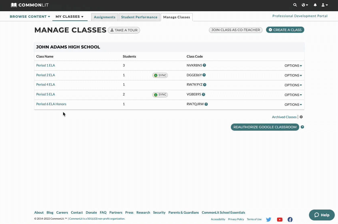 The "Manage Classes" page on CommonLit.org.