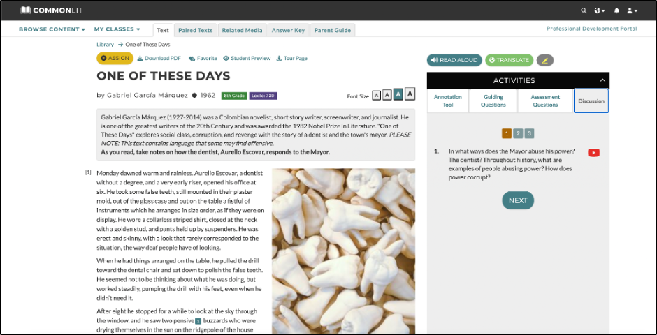 Screenshot of CommonLit's text "One of these Days"