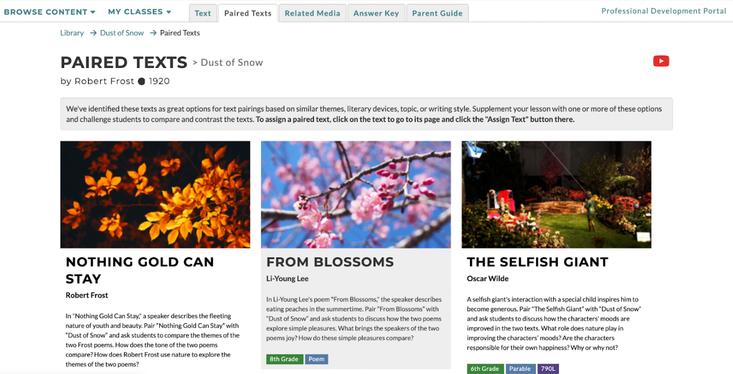 A screenshot of the Paired Texts for the CommonLit text "Dust of Snow"
