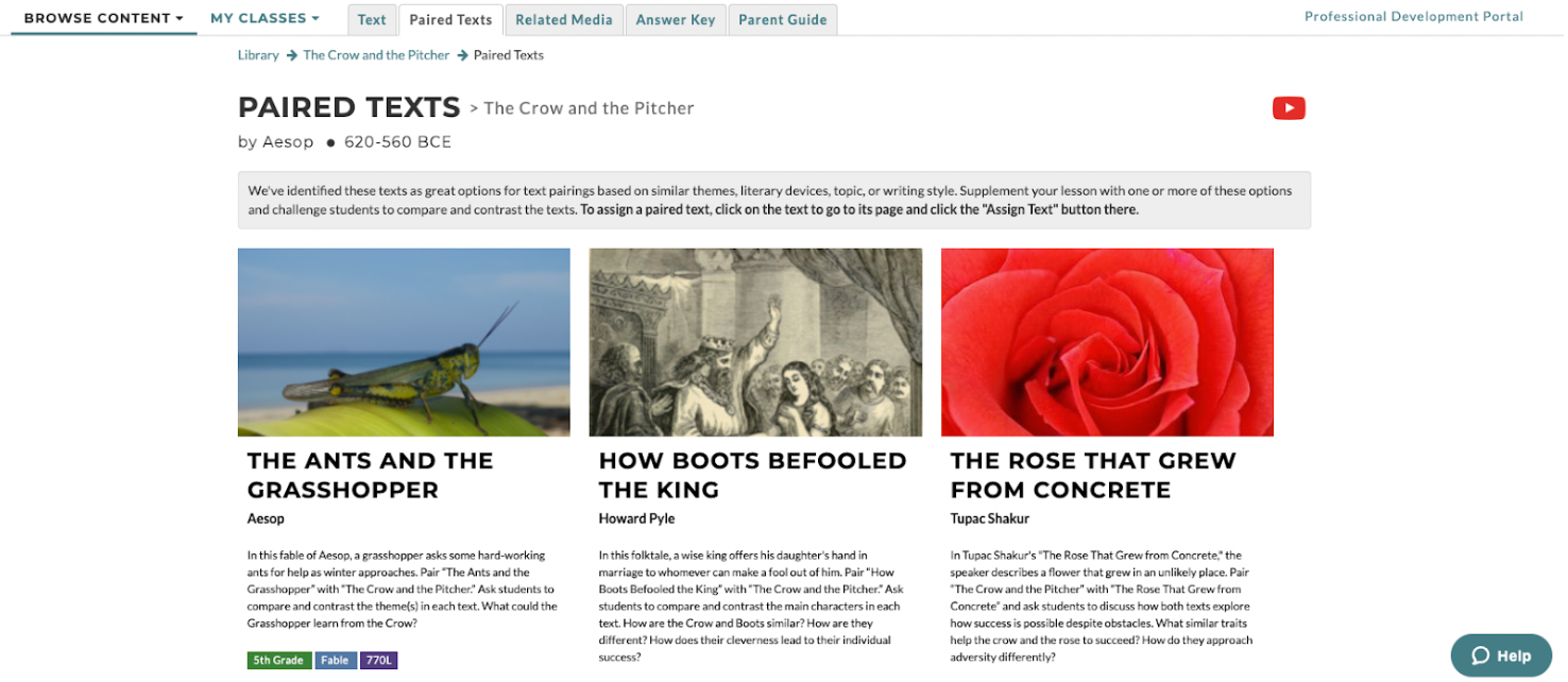 Paired Text options for the CommonLit text "The Crow and the Pitcher"