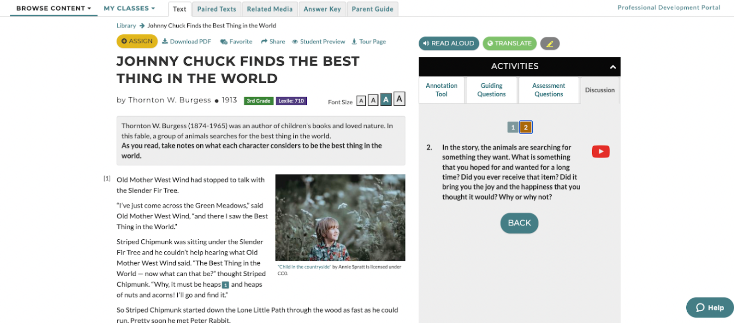A screenshot of Discussion Question 2 for CommonLit text "Johnny Chuck Finds the Best Thing in the World"