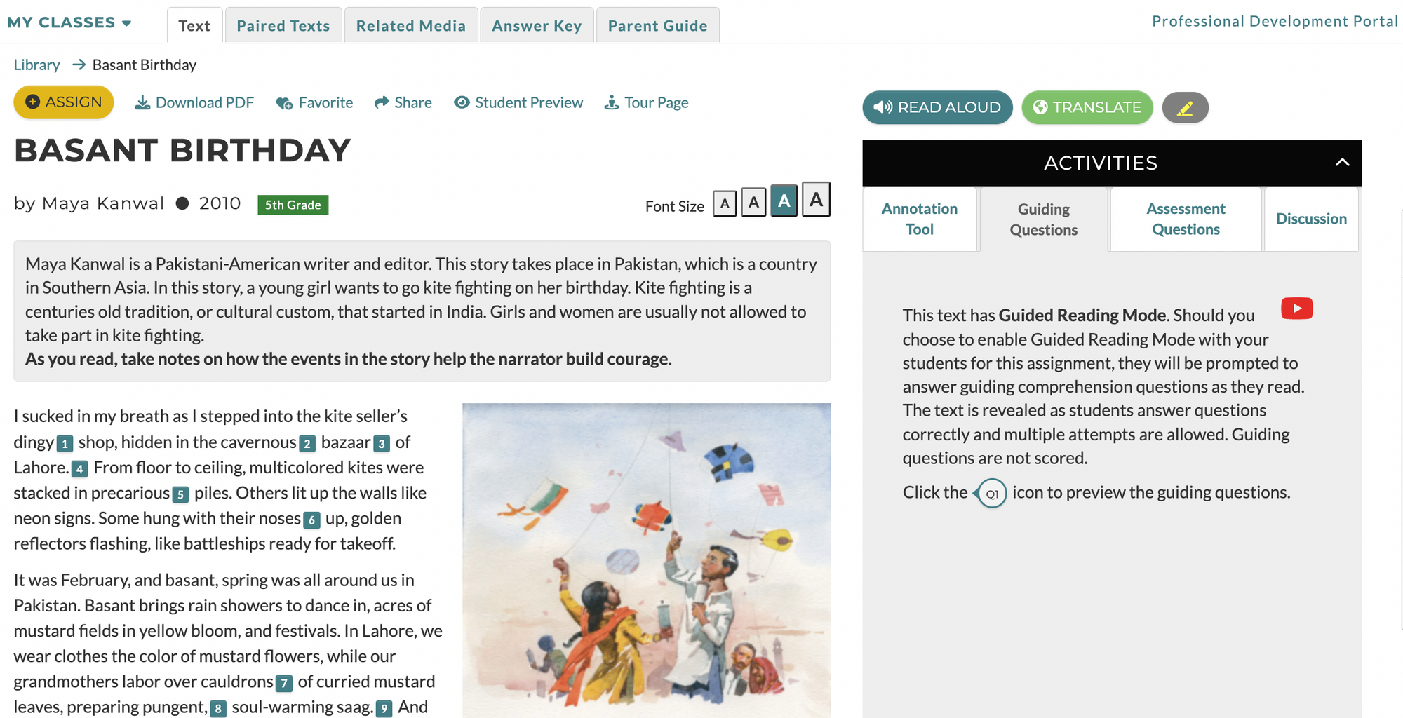 Screenshot of Guided Reading Mode for CommonLit text "Basant Birthday"