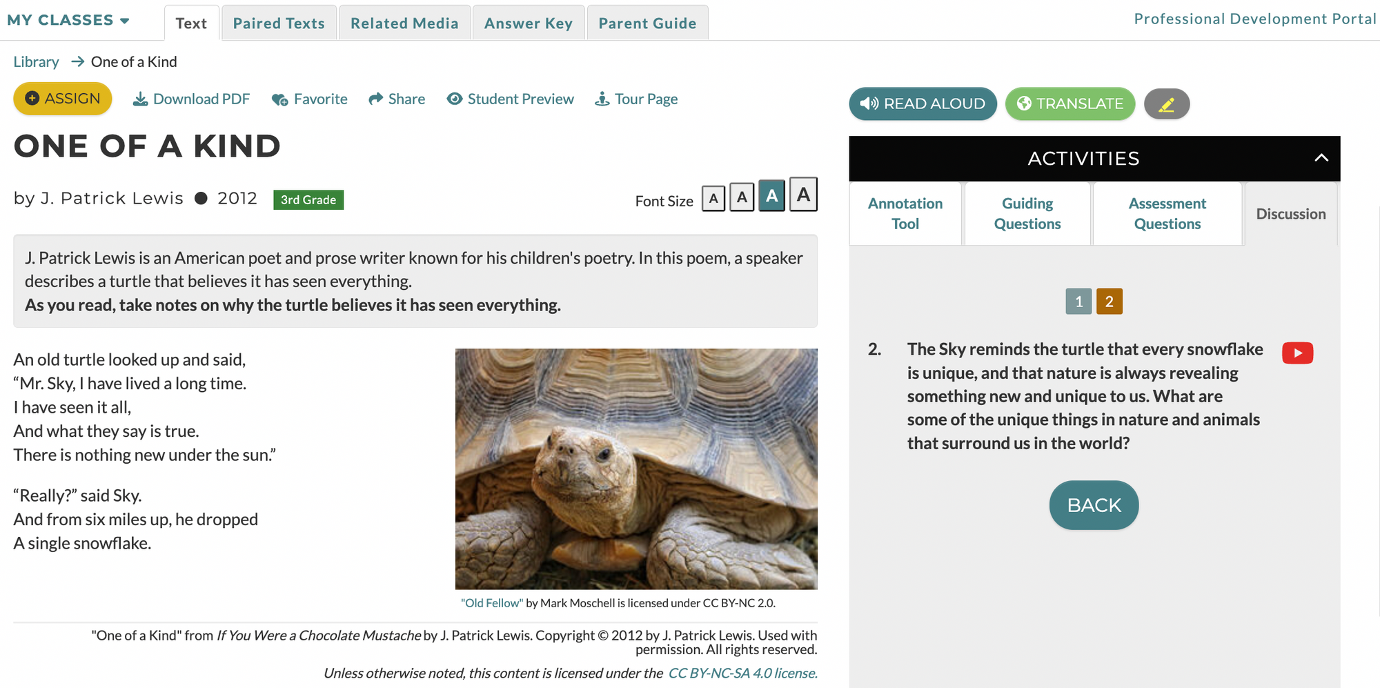 Screenshot of Discussion Question 2 for CommonLit text "One of a Kind"