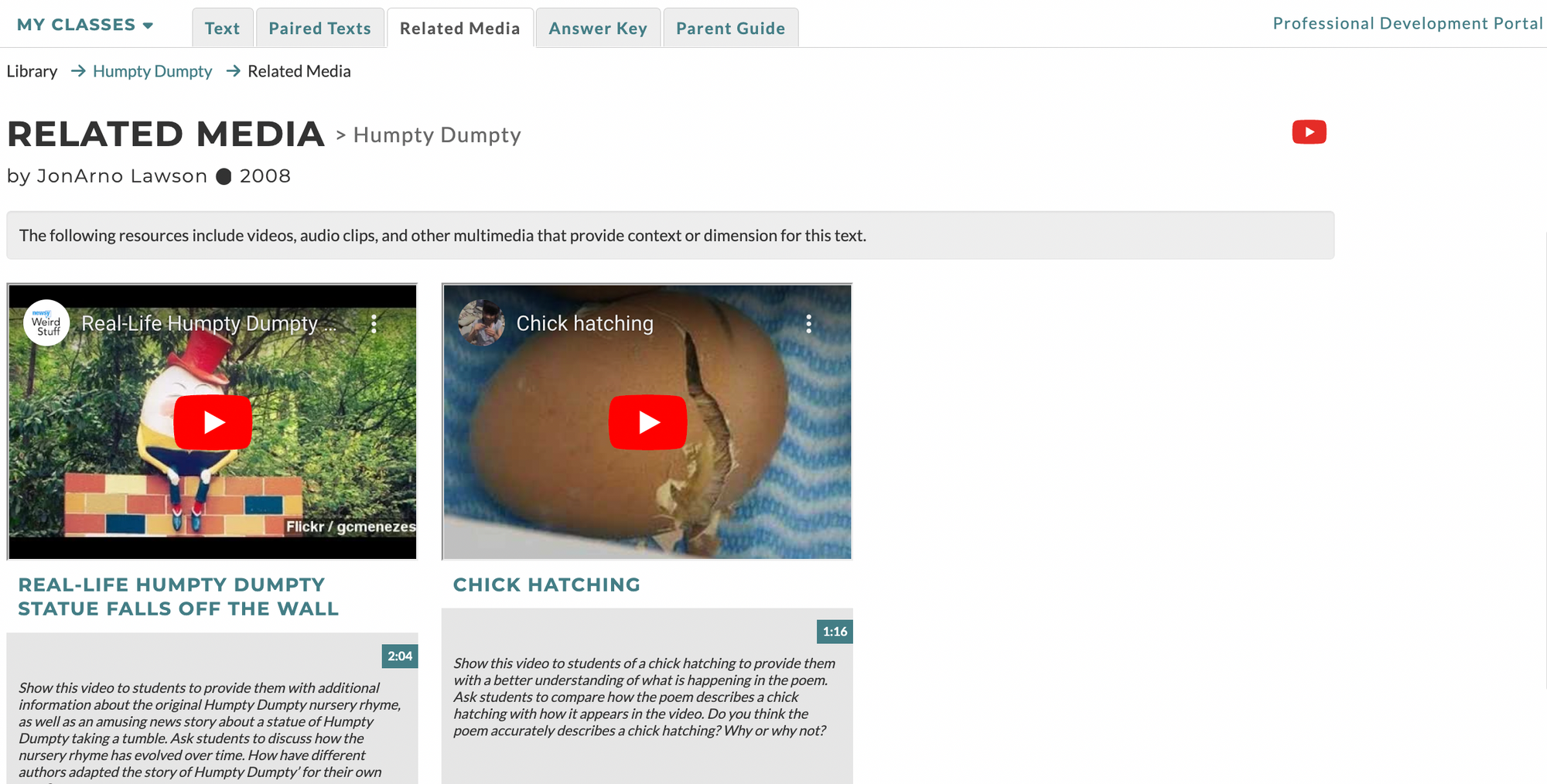 Screenshot of Related Media for CommonLit text "Humpty Dumpty"