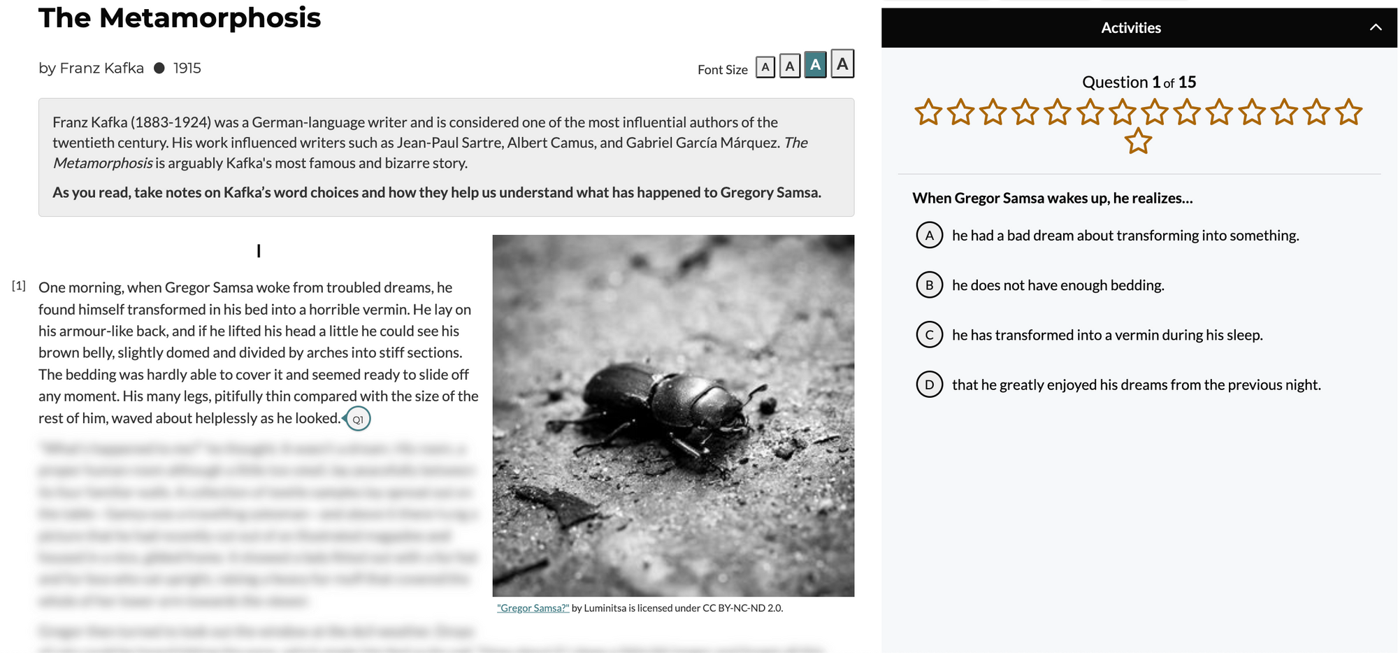 CommonLit Reading Lesson "The Metamorphosis" by Franz Kafka
