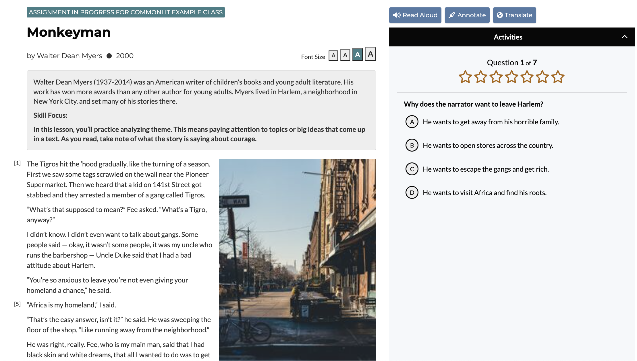 CommonLit Reading Lesson "Monkeyman" by Walter Dean Myers