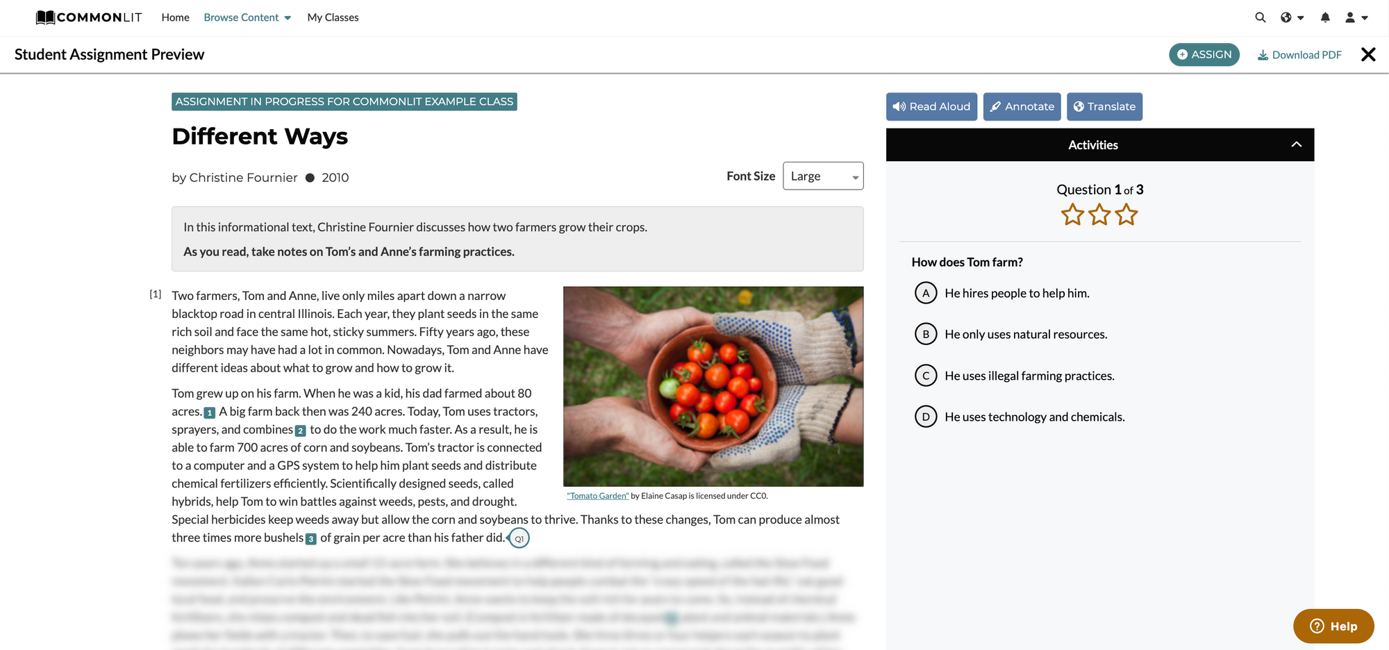 CommonLit informational text called "Different Ways." Screenshot of a scaffolded question. 