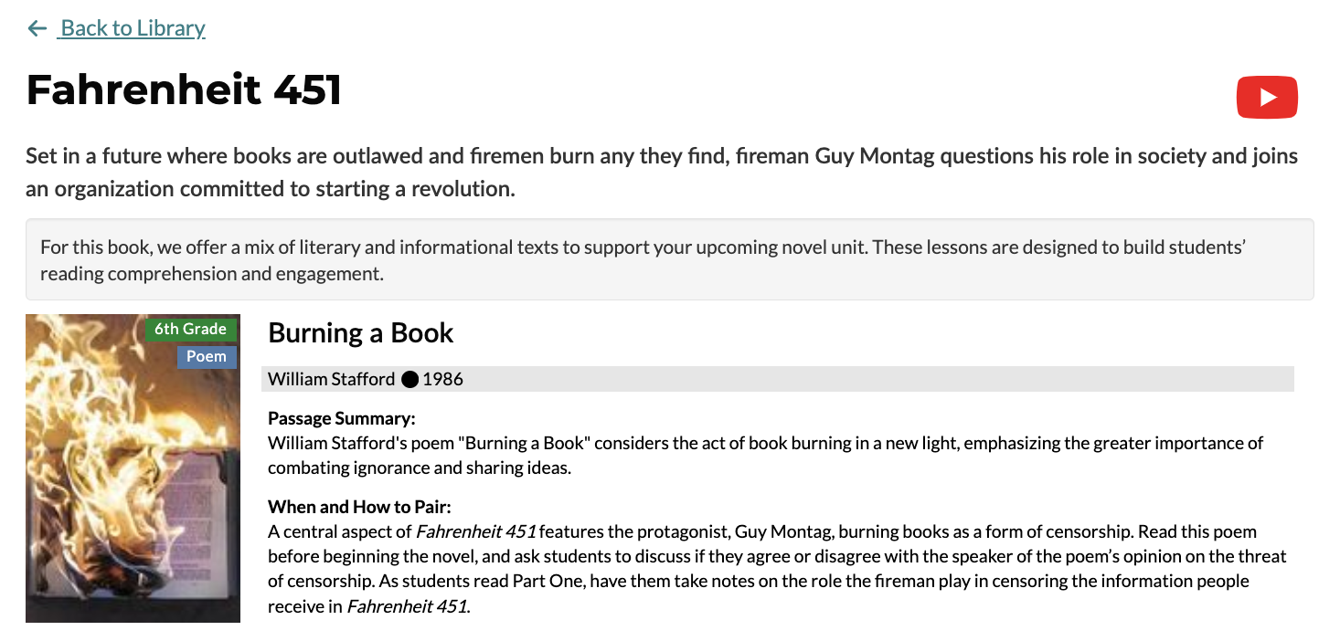 A screenshot of the "Fahrenheit 451" reading lesson plan, including a poem by William Stafford