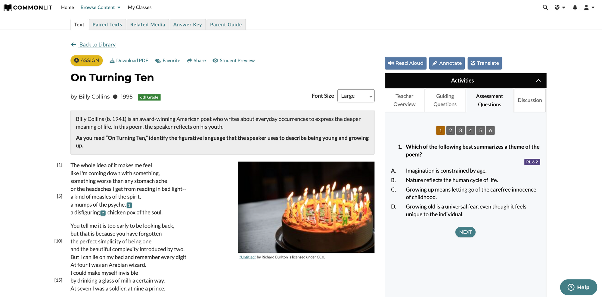 A screenshot of the first two stanzas of "On Turning Ten" by Billy Collins