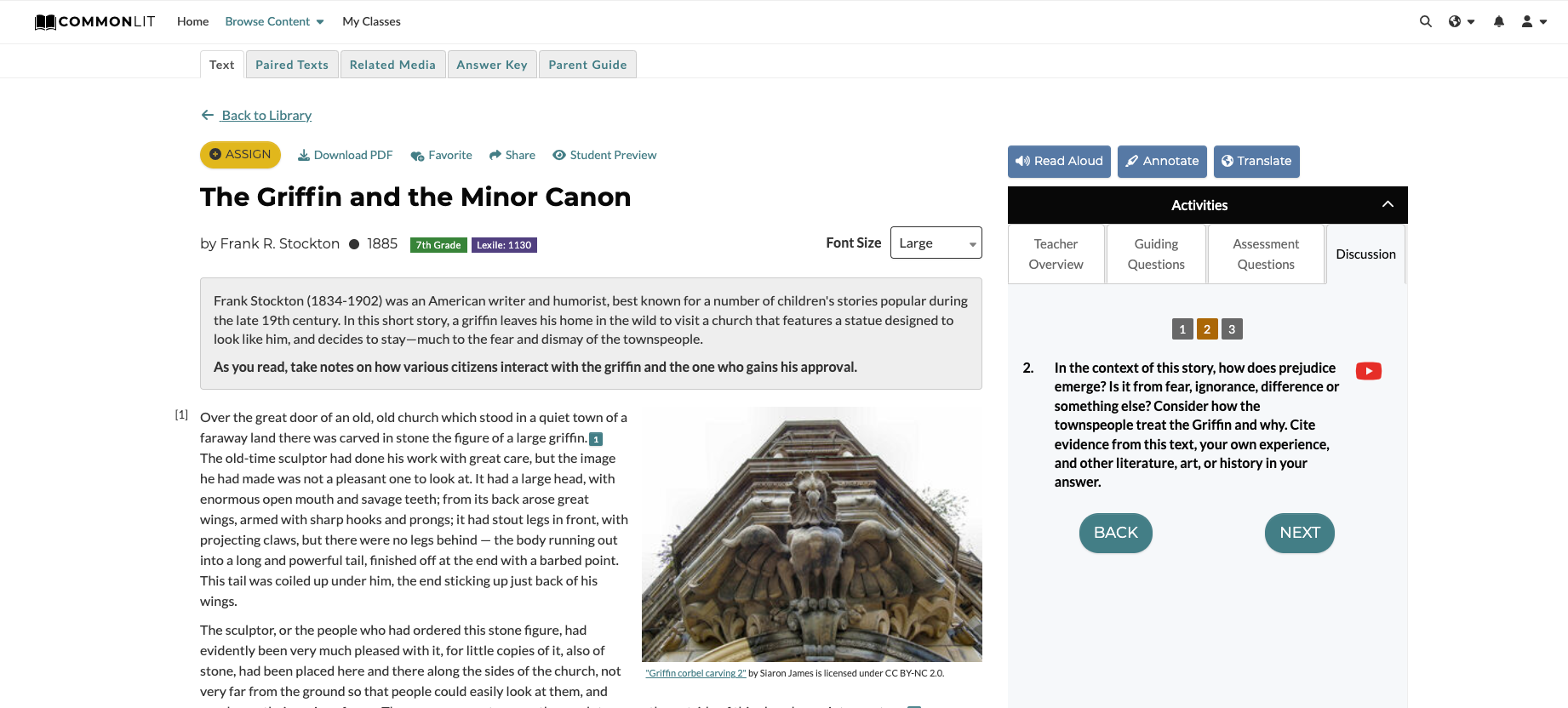 screenshot of commonlit text "the griffin and the minor canon"