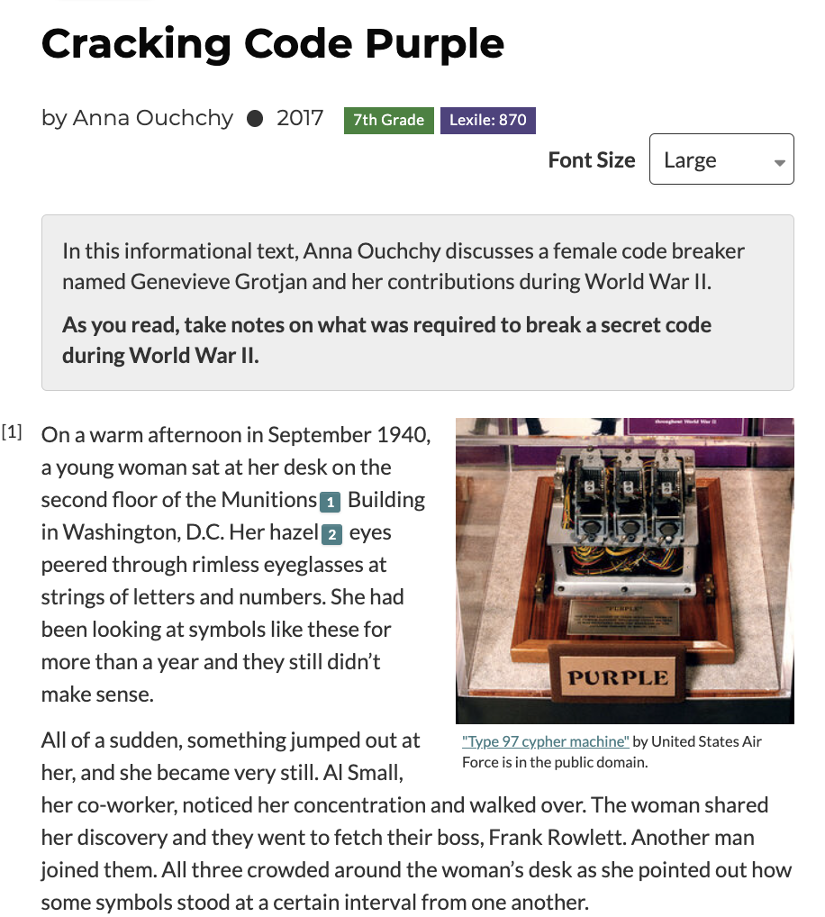 Screenshot of the lesson page for "Cracking Code Purple"