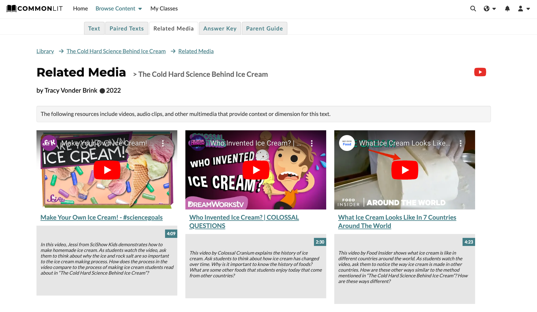 Screenshot of the "Related Media" tab on the CommonLit website. Shows videos related to the invention of ice cream. 