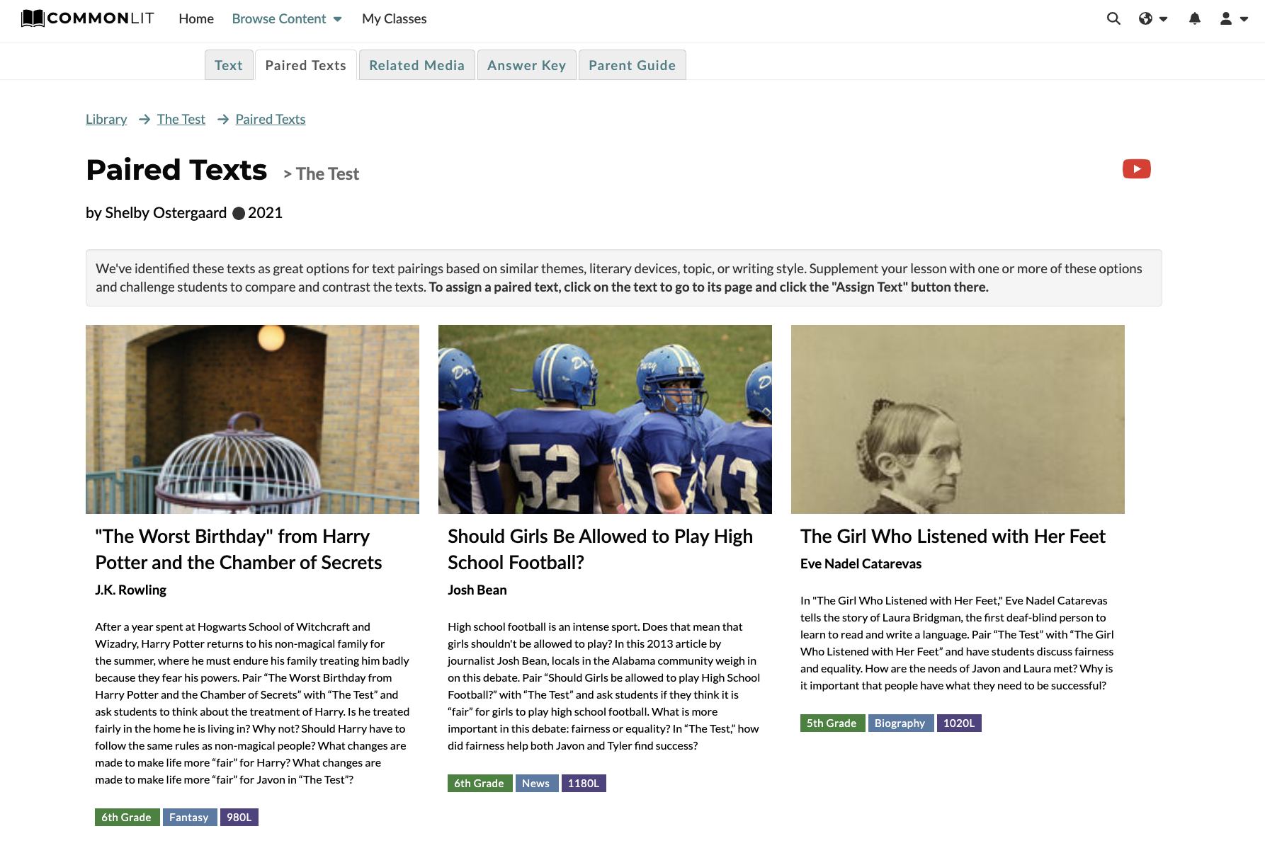Screenshot of the Paired Texts tab in the CommonLit library