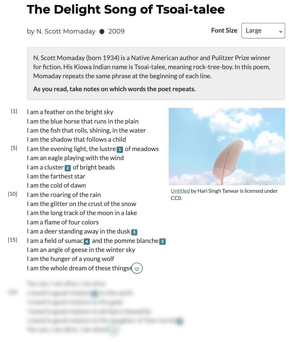 Screenshot of the poem from CommonLit called "The Delight Song of Tsoai-Talee". It is by a Native American author. 
