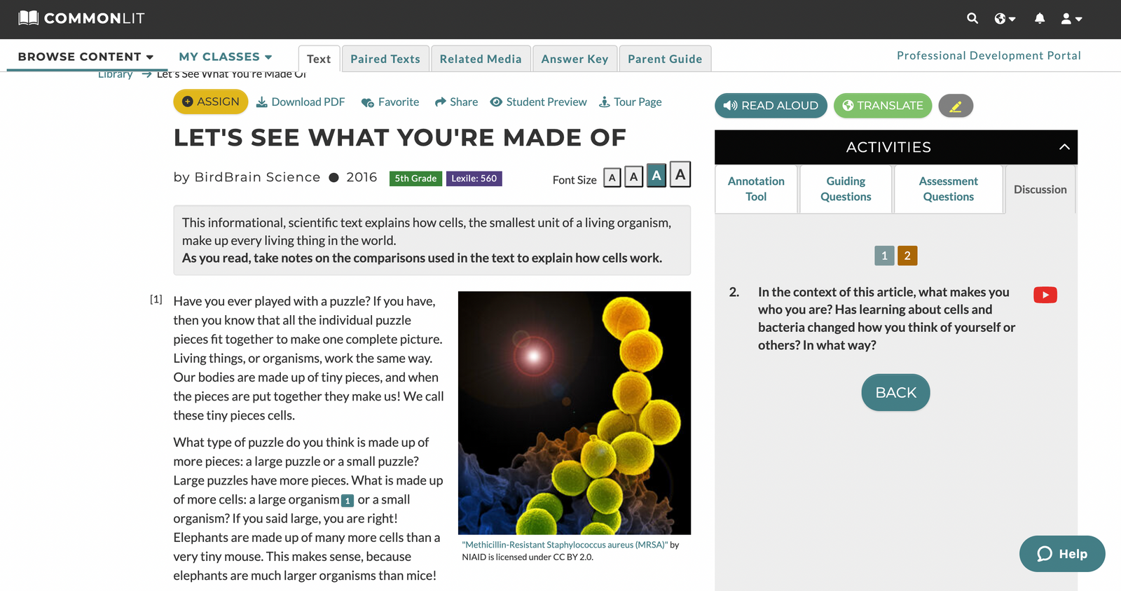 A screen shot of the "Let's See What You're Made Of" text and activities provided for teachers to use.