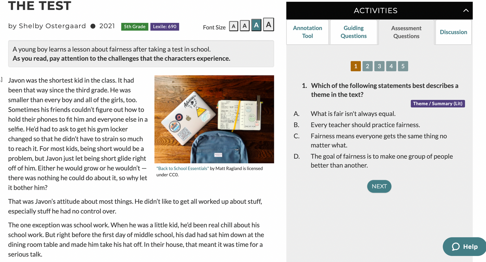 This is a screenshot of the CommonLit lesson for the text "The Test" by Shelby Ostergaard. It includes the beginning of the text and the first Assessment Question.