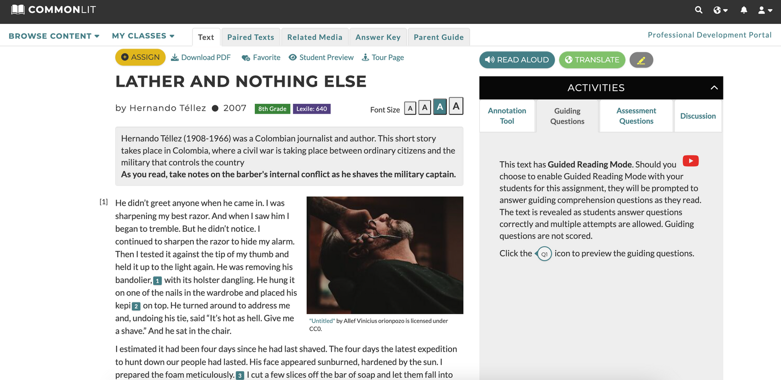 “Lather and Nothing Else” by Hernando Téllez with the Guided Questions tab of the Activities bar highlighted.