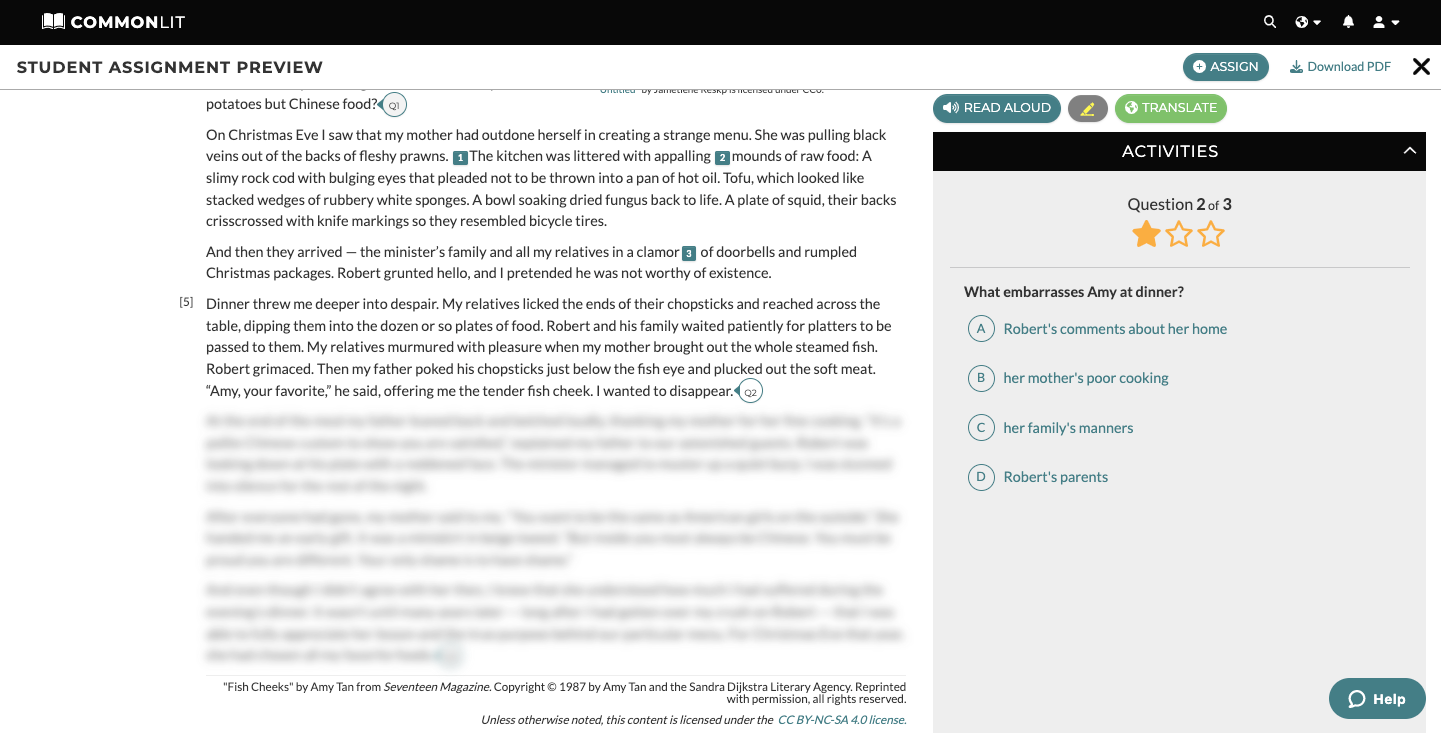 A screenshot of the scaffolded reading questions for "Fish Cheeks."