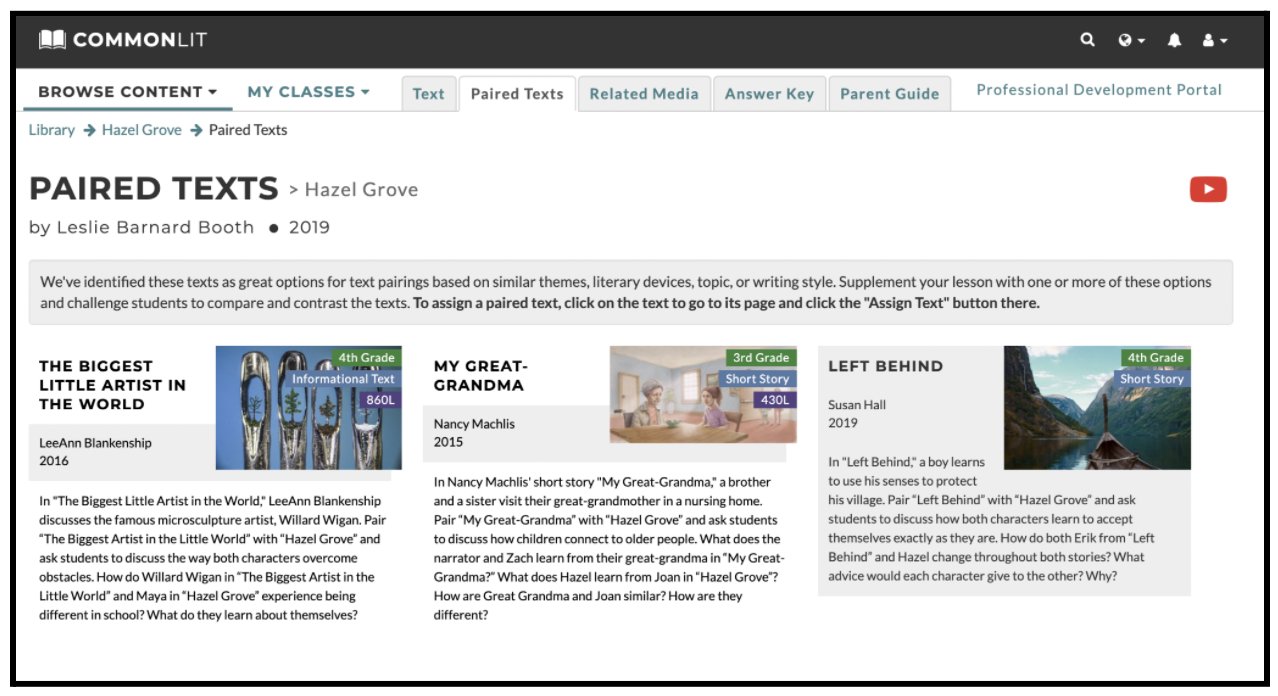 This is a screenshot of the Paired Text page for "Hazel Grove."
