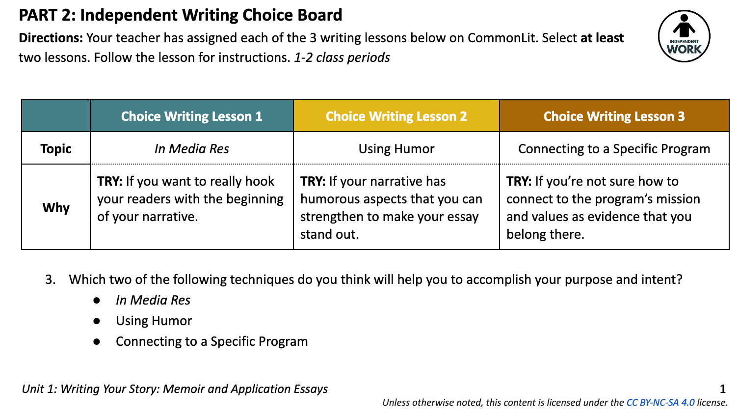 A screenshot of the writing choice board.