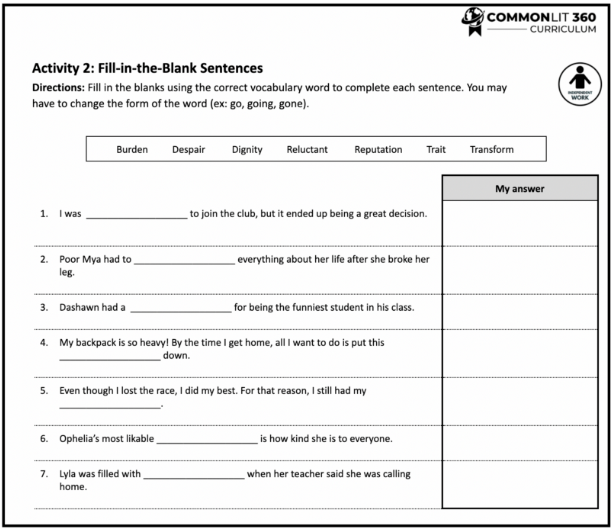 A screenshot of the vocabulary exercises from CommonLit 360.