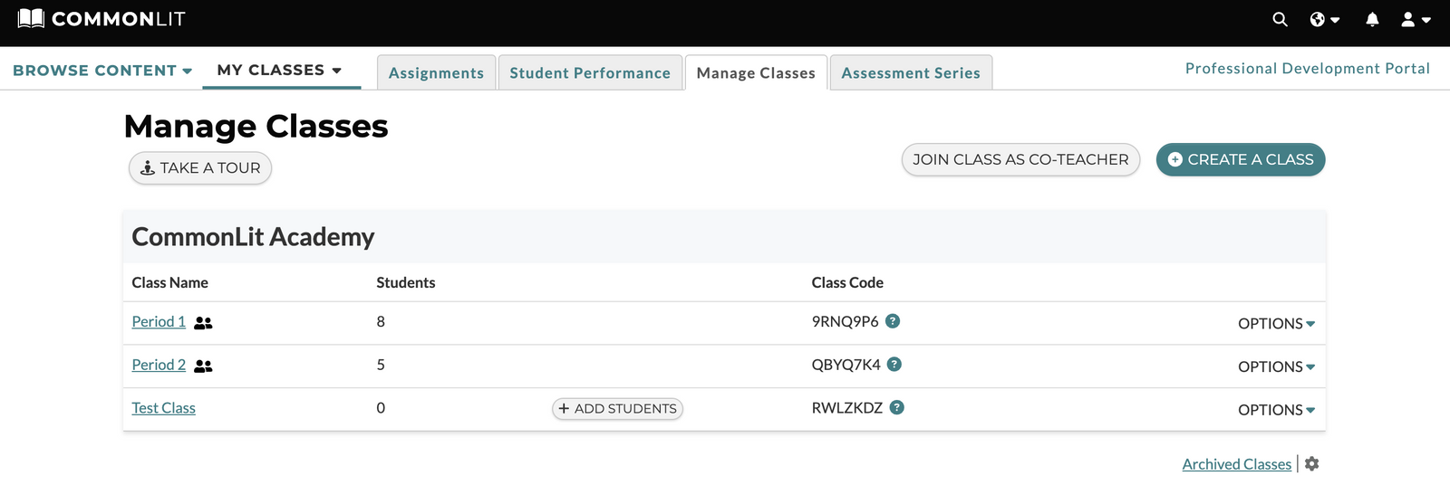 Screenshot of the "Manage Classes" tab with every class shown.