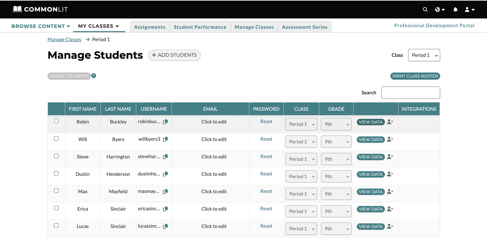 Screenshot of the "Manage Students" tab with every student in the class shown.