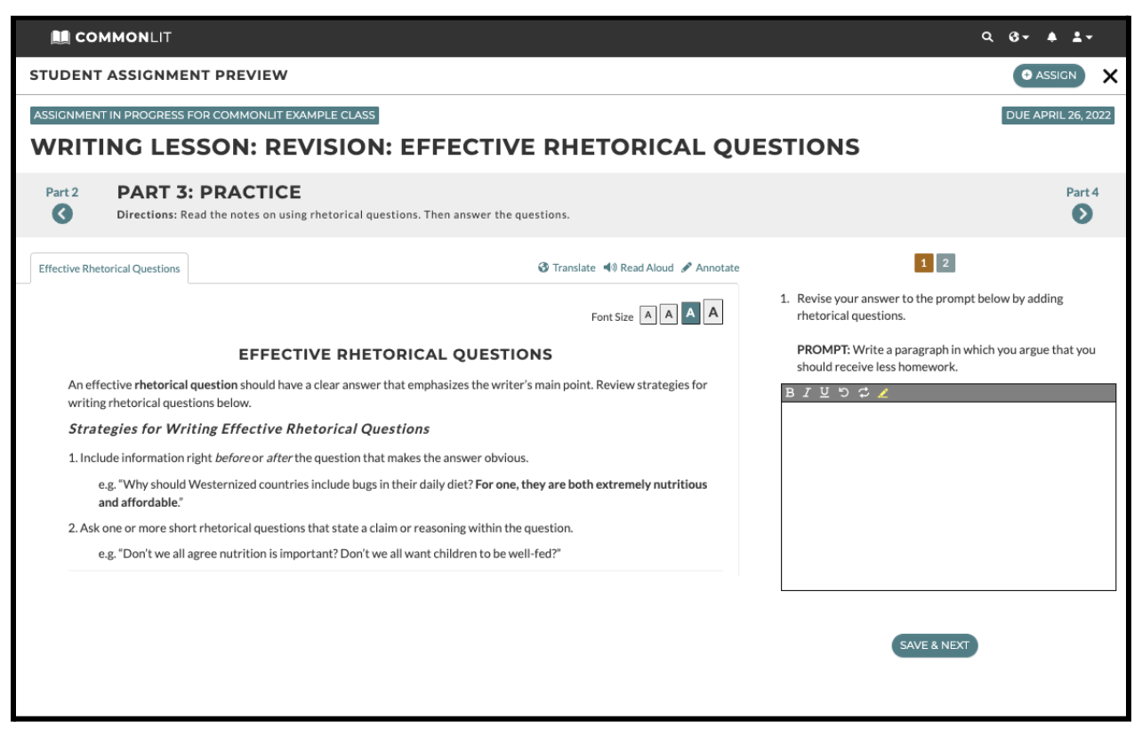 The practice section of a lesson on revising effective rhetorical questions.