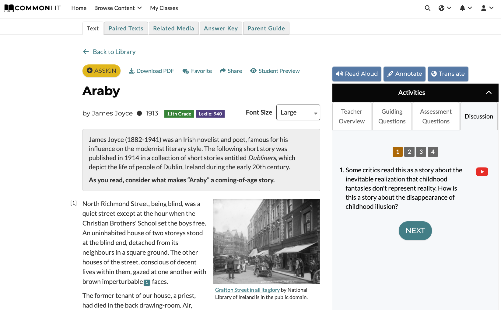 “Araby” by James Joyce lesson with discussion question 1 highlighted in the Activities bar.