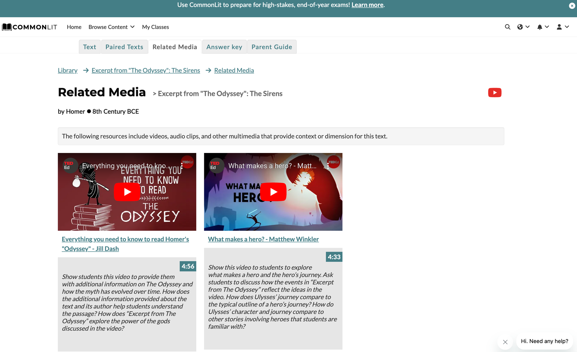 Related Media section of CommonLit lesson, "Excerpt from The Odyssey: The Sirens"