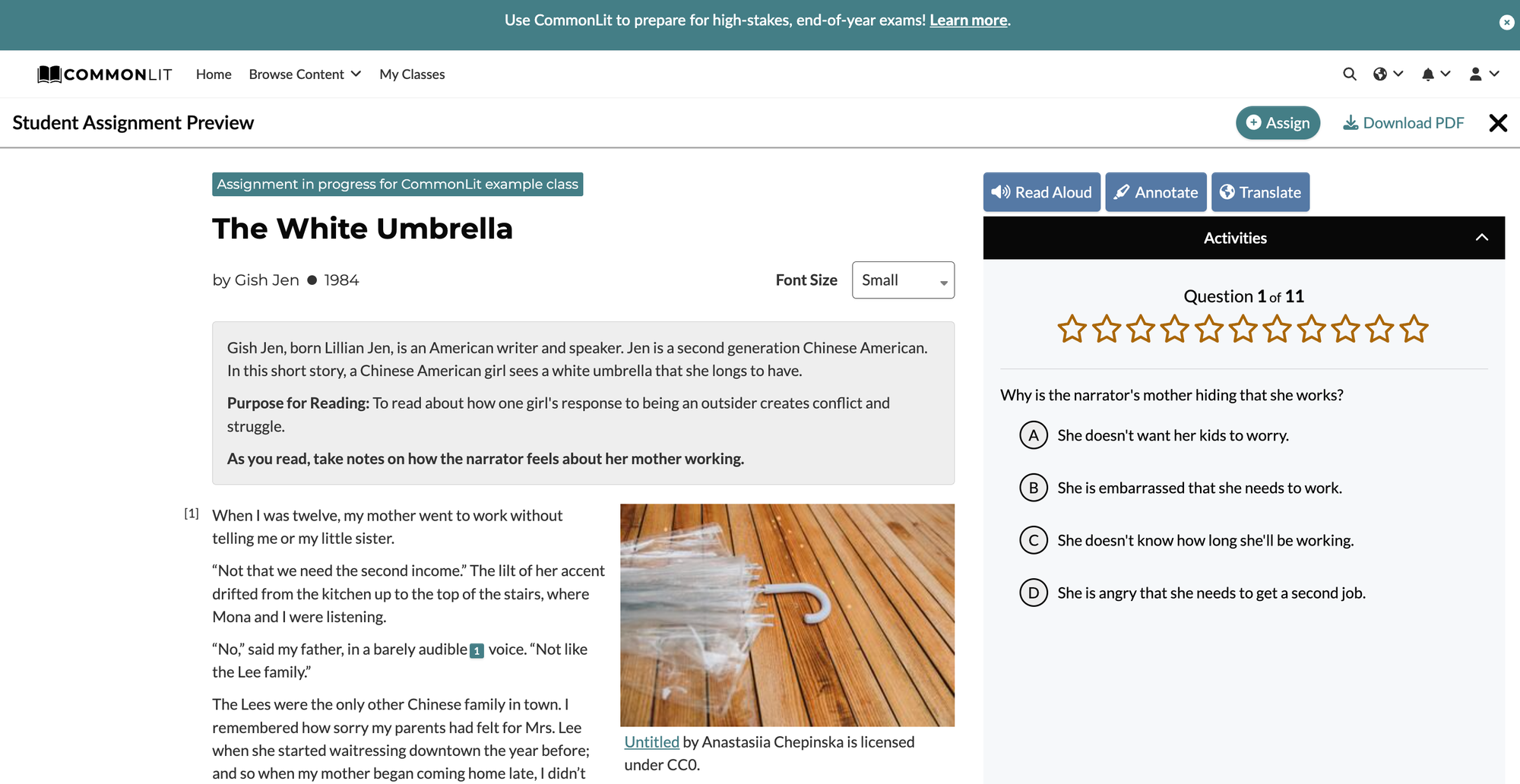 Discussion Question 1 highlighted in CommonLit’s lesson, “The White Umbrella” by Gish Jen