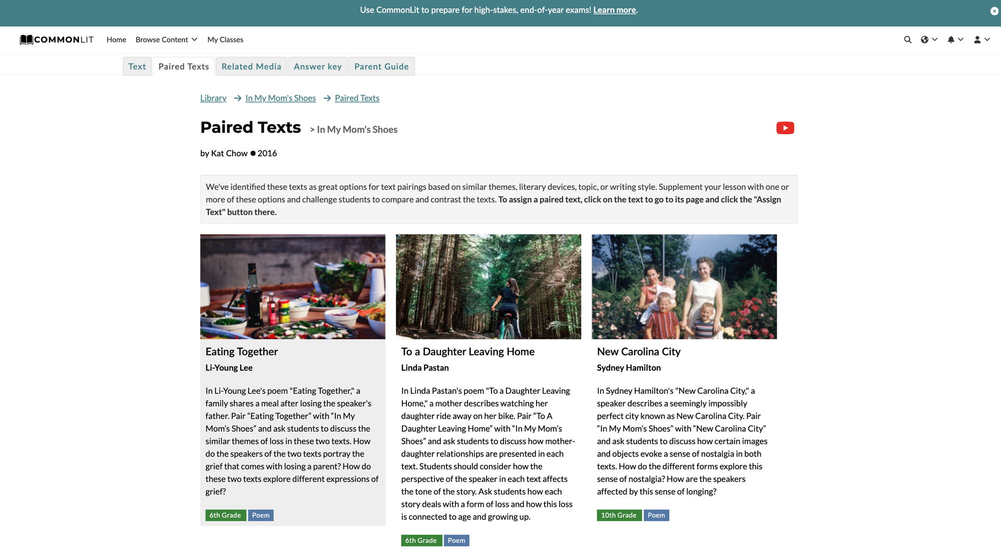Paired Texts section of CommonLit’s lesson “In My Mom’s Shoes”
