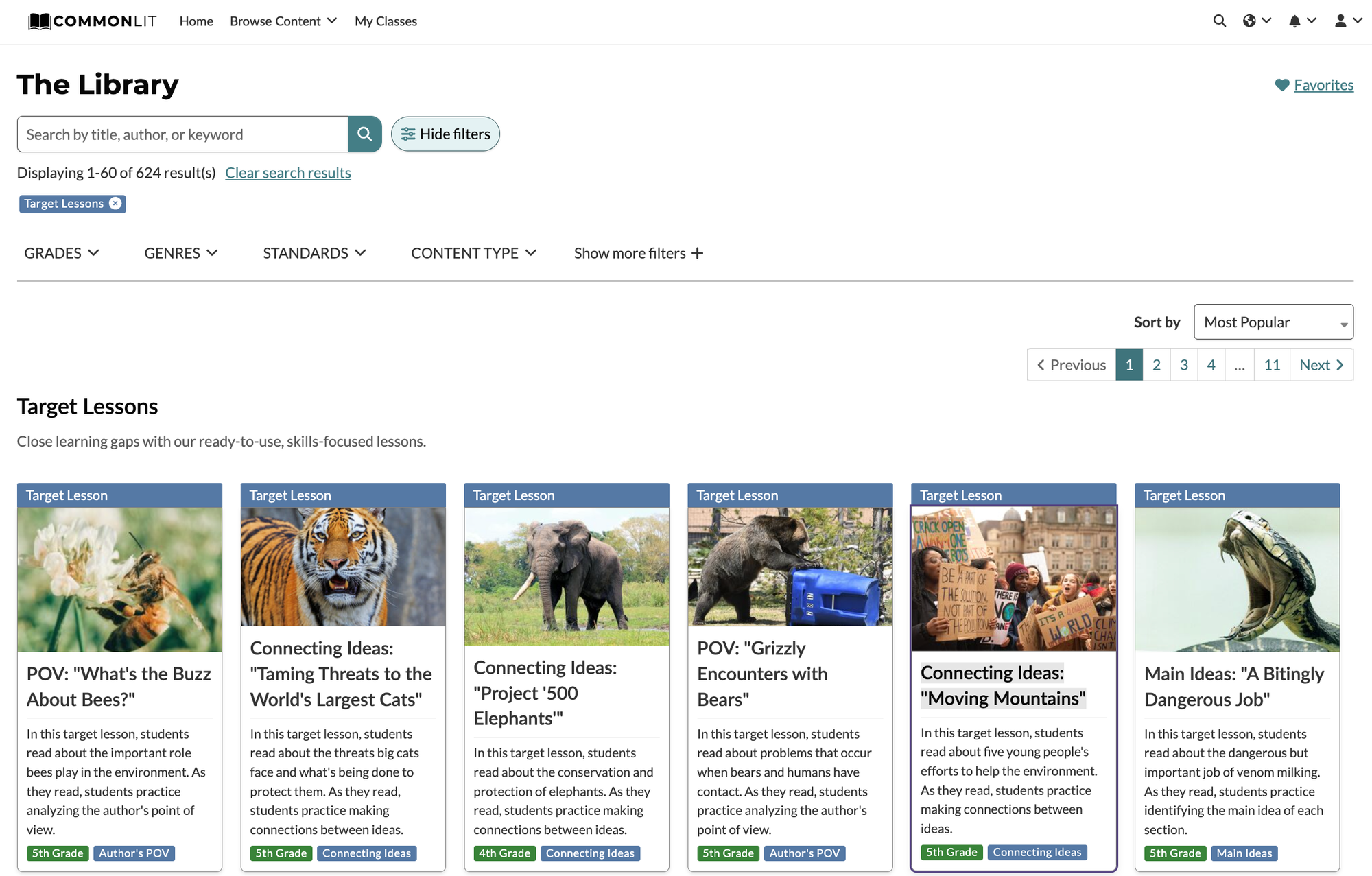 CommonLit's library with Target Lessons selected