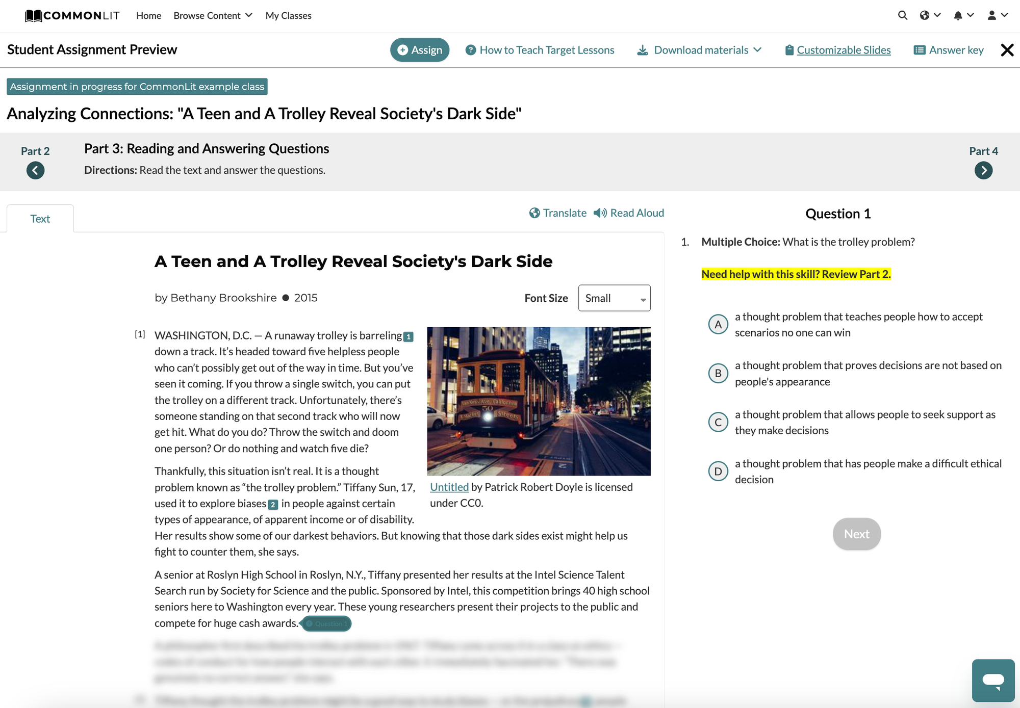 "Reading and Questions" section for "A Teen and a Trolley Reveal Society's Dark Side" Target Lesson